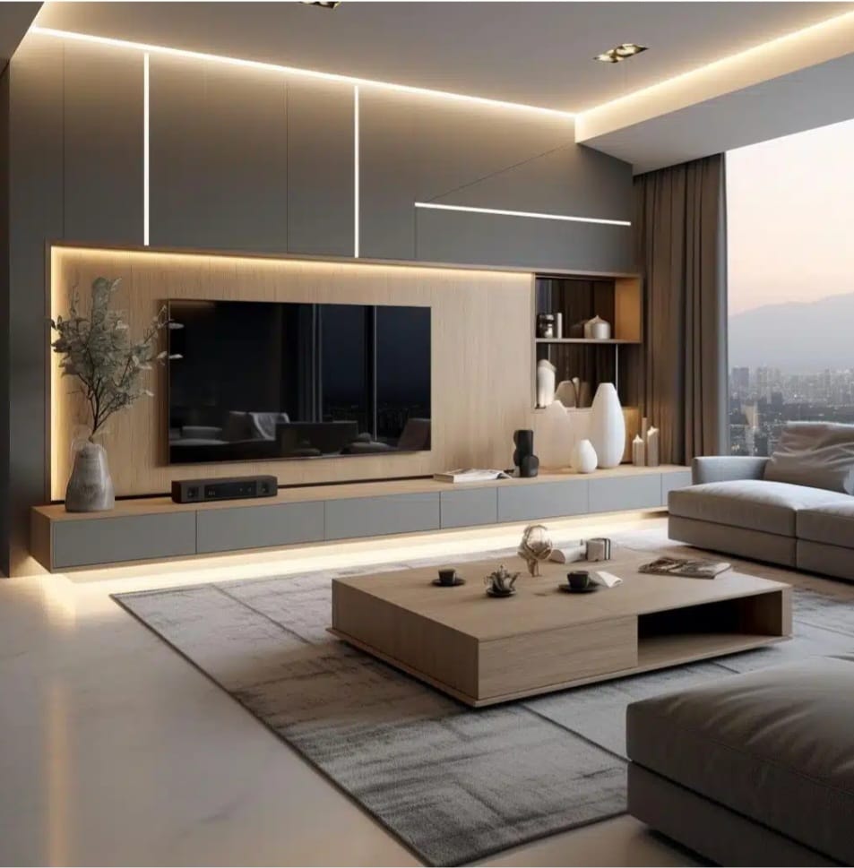 Salon TV moderne sur mesure avec éclairage LED intégré