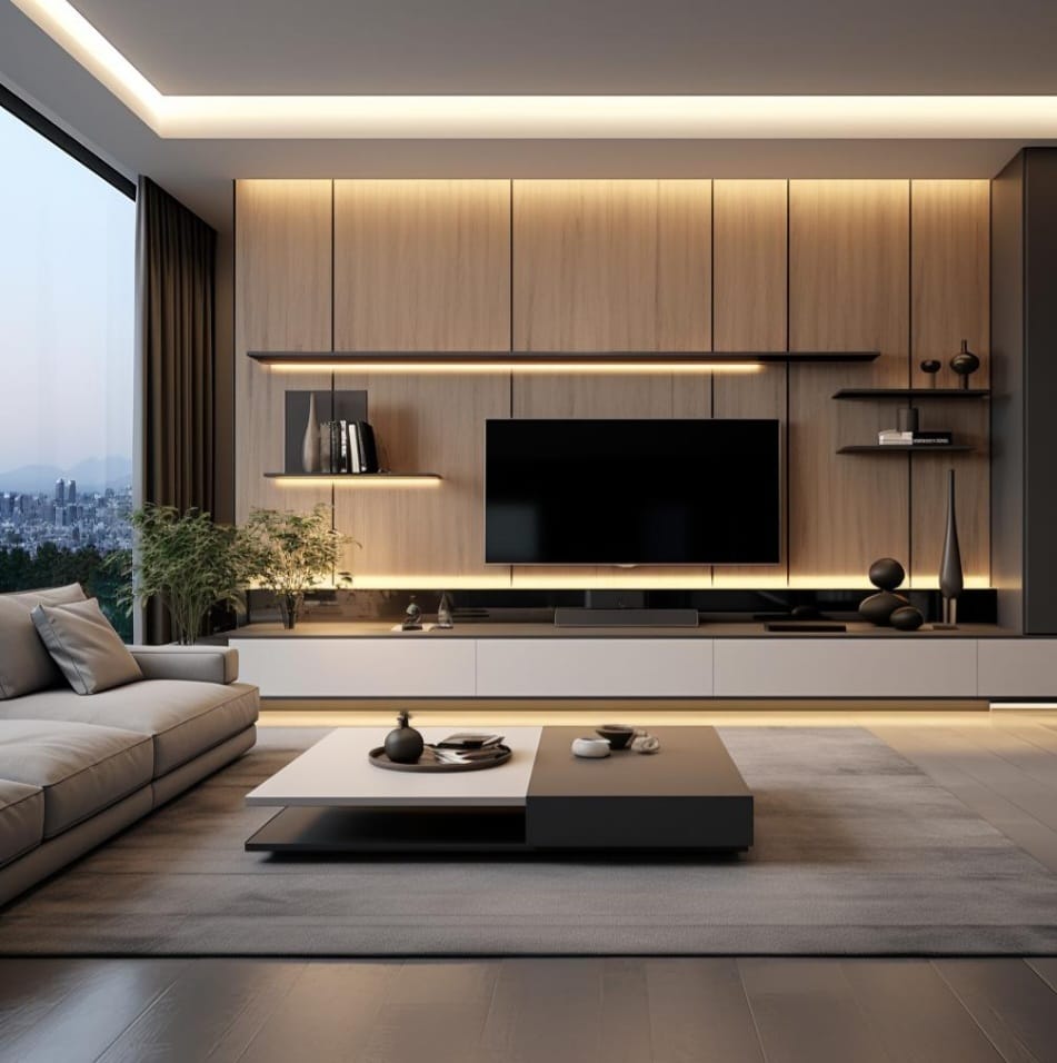 Salon TV moderne sur mesure avec éclairage LED intégré
